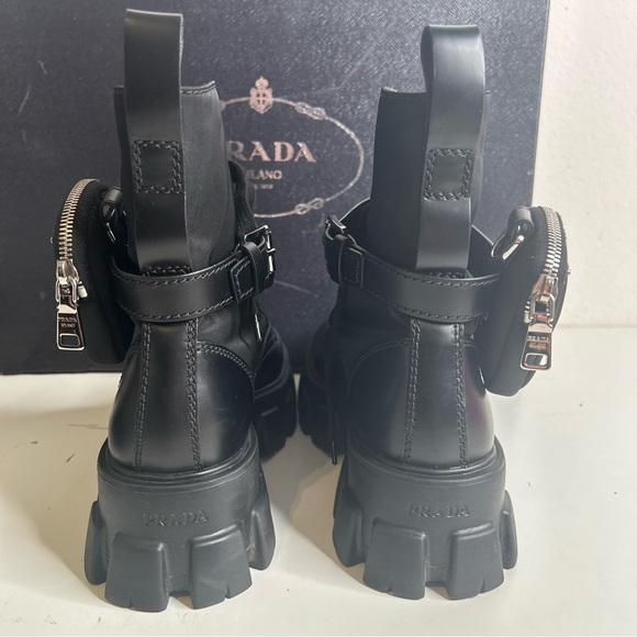 Prada Black Monolith Leather and Re-Nylon Pouch Combat Boots Size 6 - Picture 9 of 16